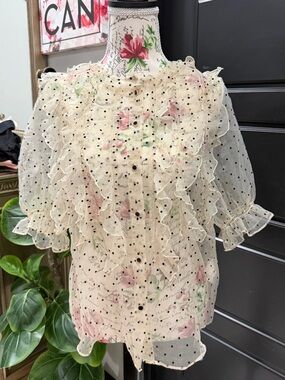 Zara Cream Sheer Polka Dot Blouse with Pink Floral Print